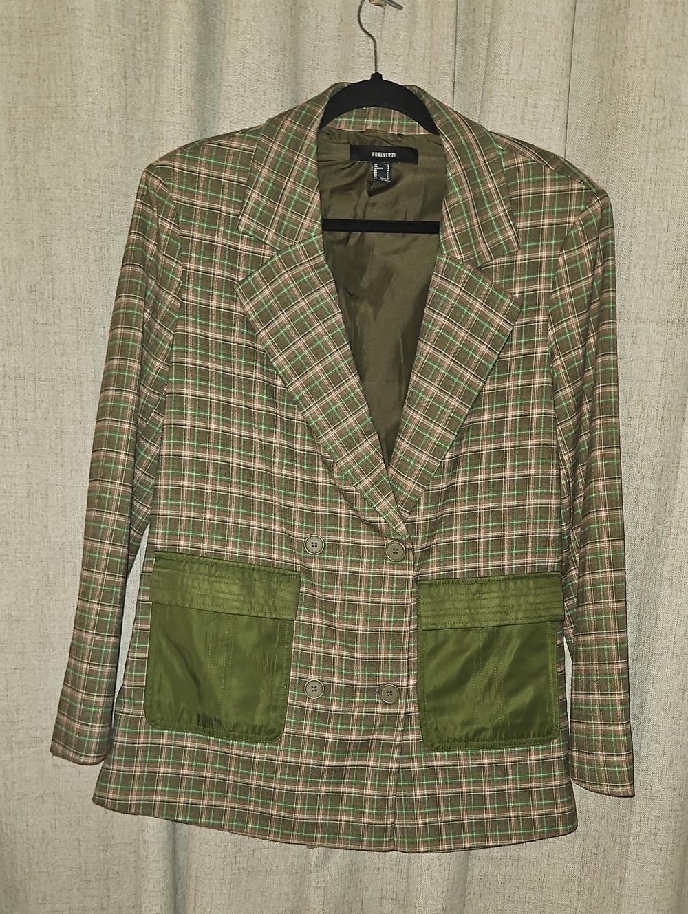 Plaid Green Double-Breasted Blazer with Olive Patch Pockets